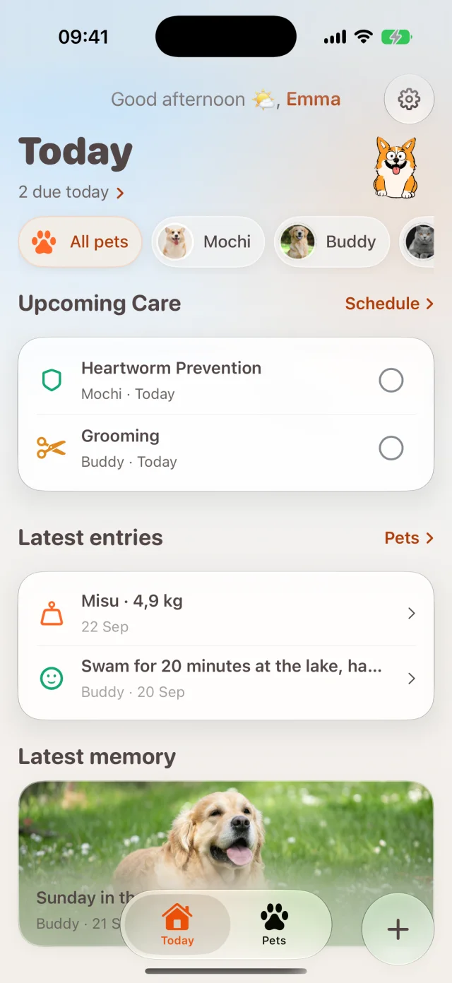 Dote Today screen showing upcoming pet care